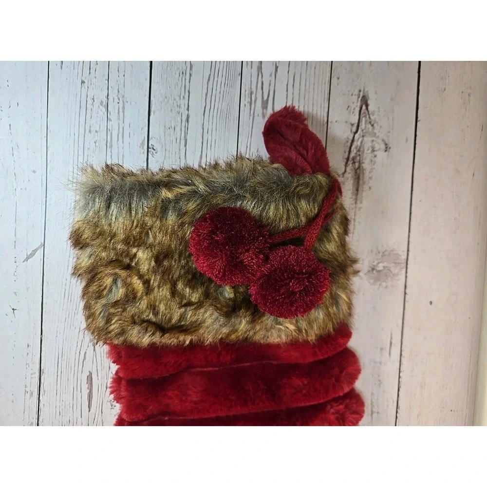 Merry Bright Faux Fur Burgundy Christmas Stocking With Pom-Pom Accent 21